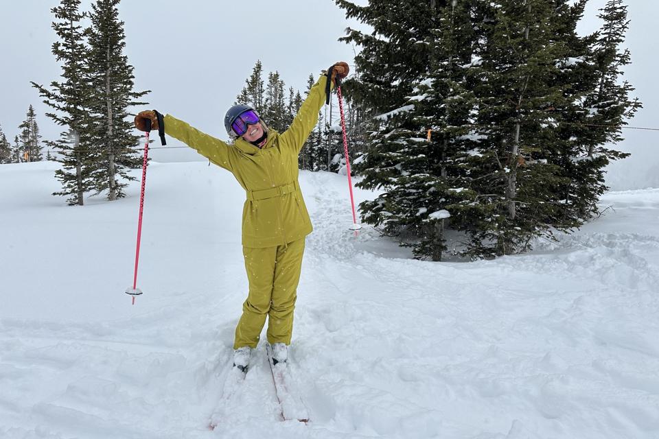 testing the Halfdays Aston Jacket and Carson Bib Pants while skiing