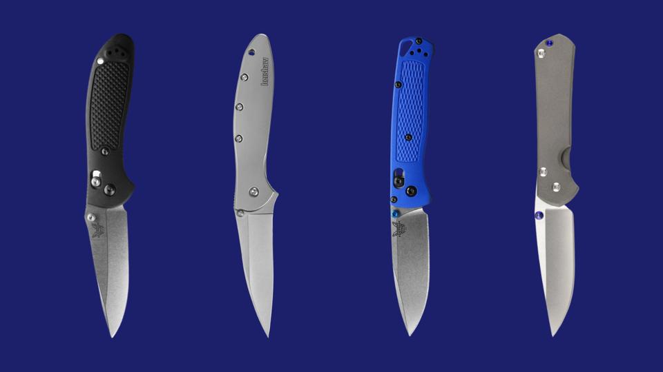 The Benchmade Griptillian, Kershaw Leek, Benchmade Bugout and CRK Sebenza 31 on a yellow background