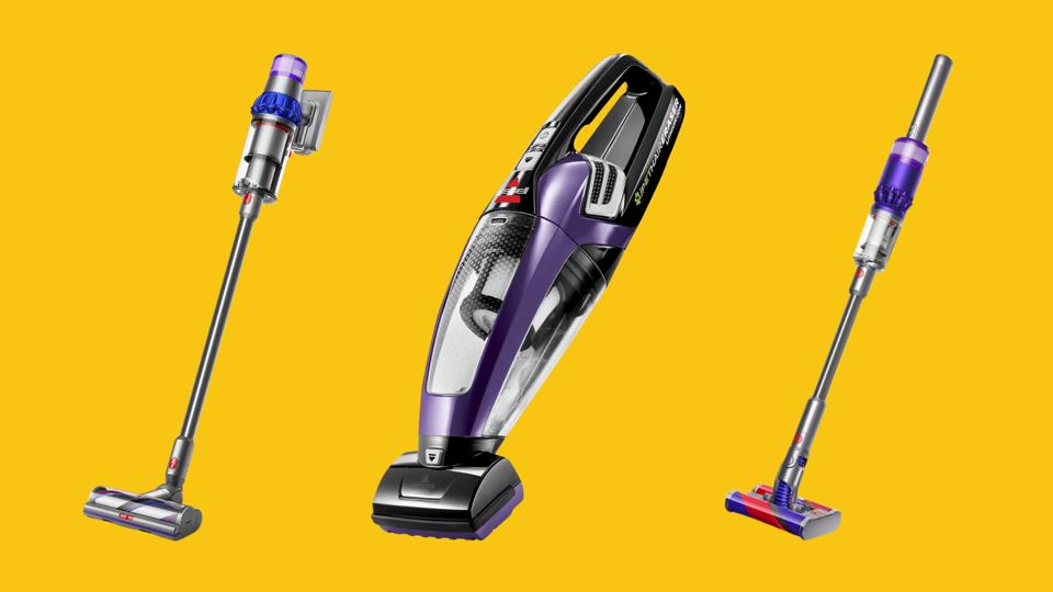 Three different vacuums on a yellow background.