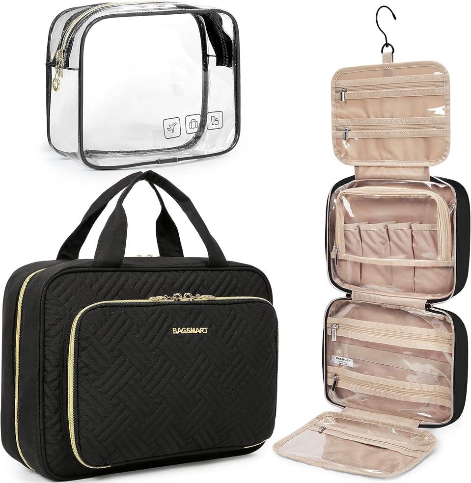 A black makeup bag alongside a detached transparent pouch and a hanging makeup bag.