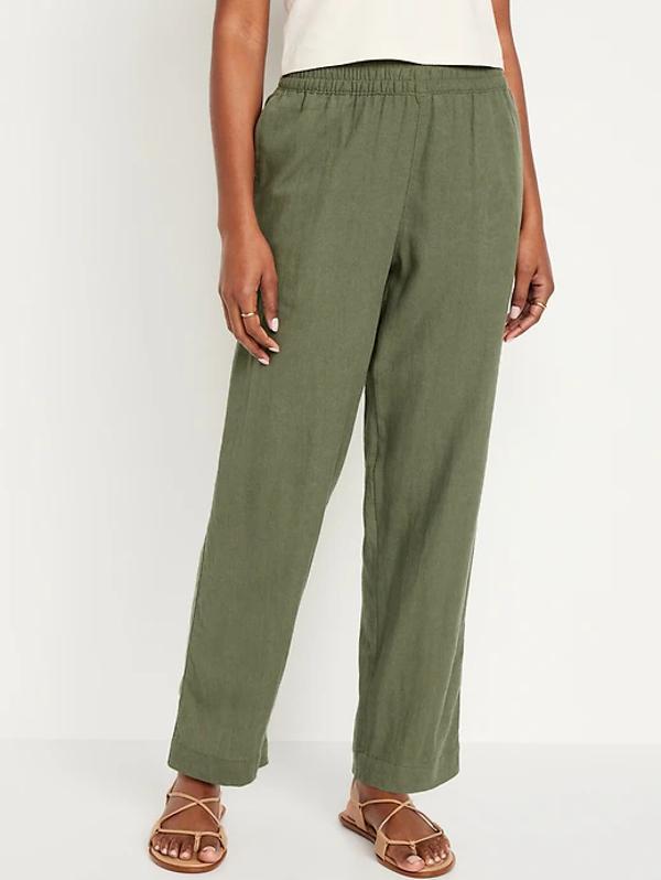 Old Navy High-Waisted Linen-Blend Straight Pants on a female figure