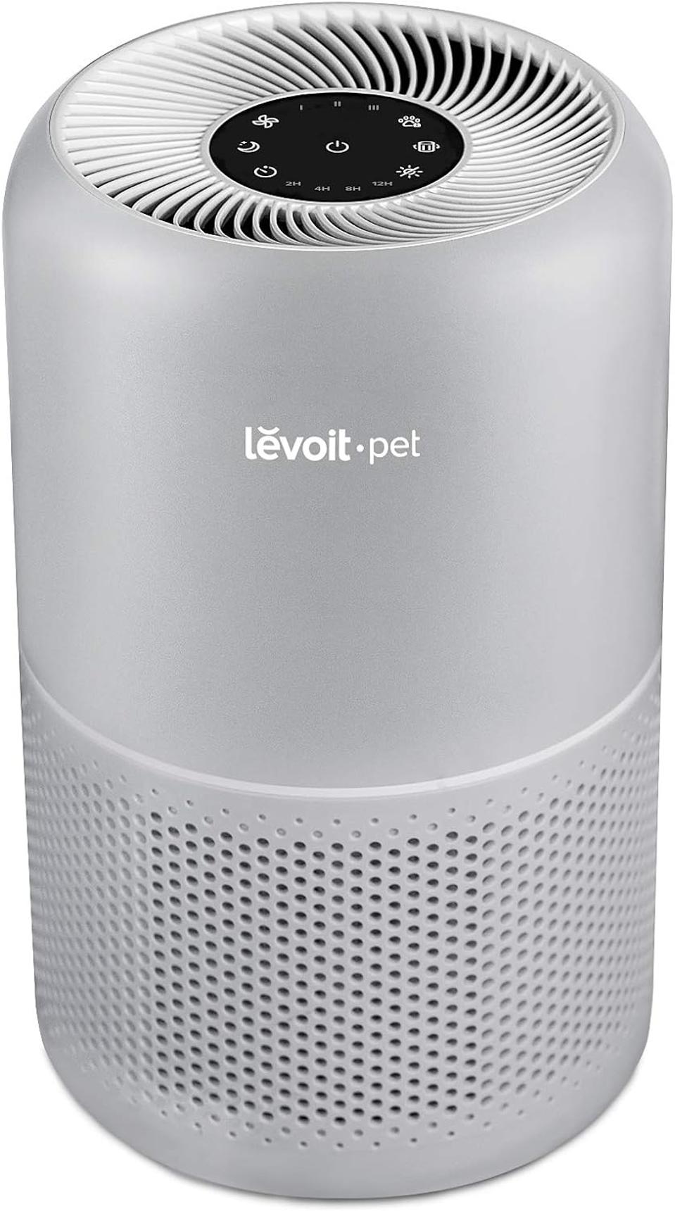 light gray Levoit core360 pet air purifier on white background