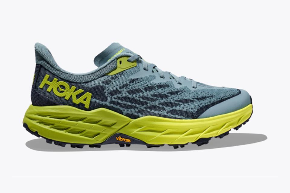 Product shot of a men's Hoka Speedgoat 5 in the Stone Blue / Dark Citron colorway.