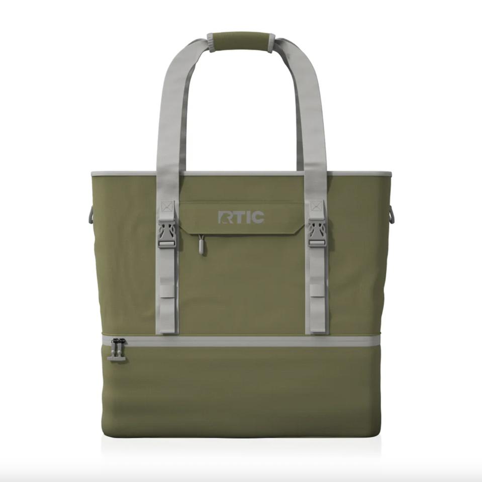 An olive green and grey colored RTIC Chillout Cooler Bag on a white background