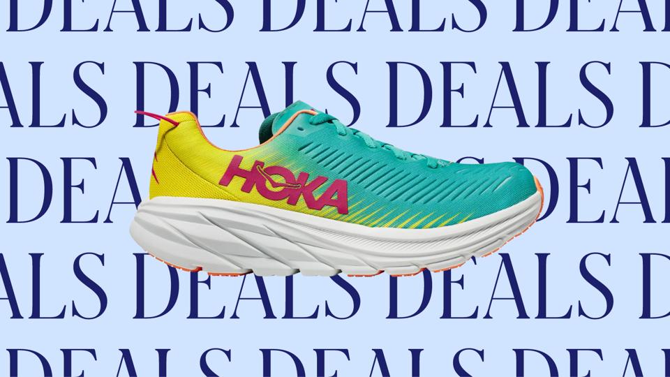 The Hoka Rincon 3 in Ceramic Multi against a light blue deals banner