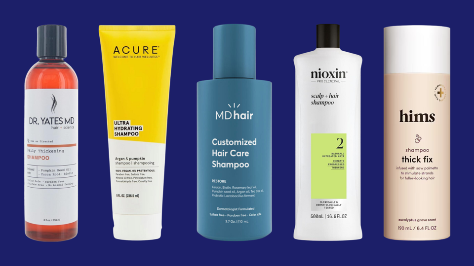 Five hair loss shampoos for men against navy blue background