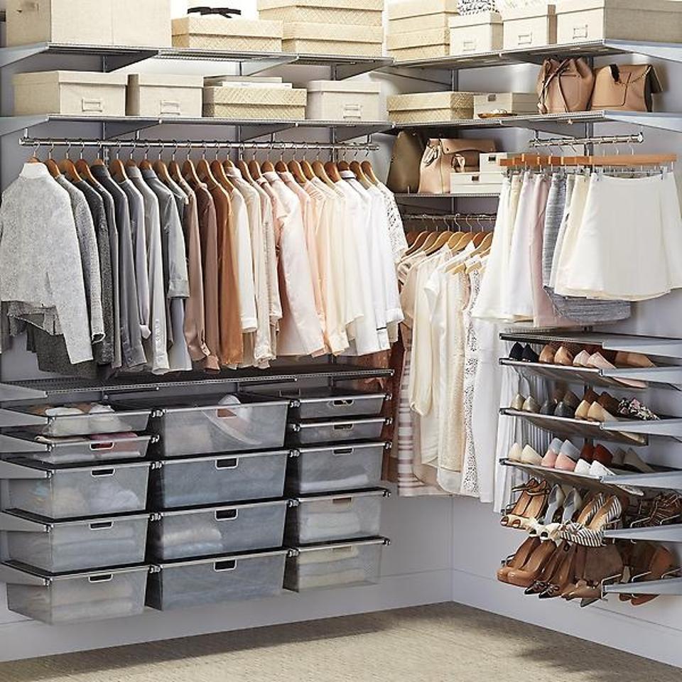  Elfa Classic 6' Platinum Walk-In Closet filled with clothes and accessories