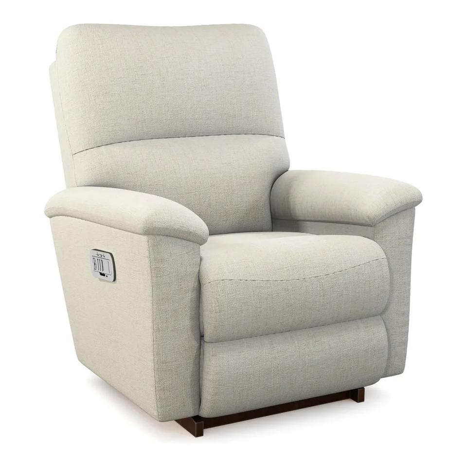 Brooks Power Rocking Recliner in a beige fabric against a white background.