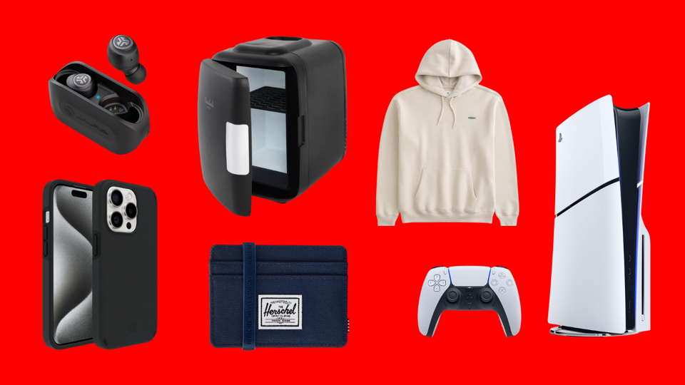 Collage of gifts for teen boys: hoodie, mini fridge, wallet, tech