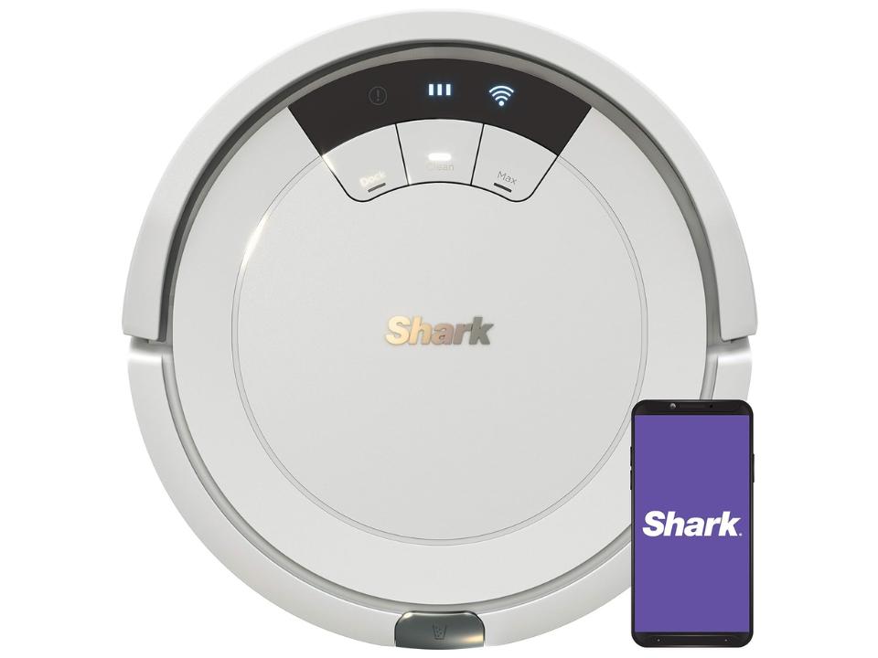 white shark ion Robot Vacuum Cleaner with smartphone shark app open against white bg