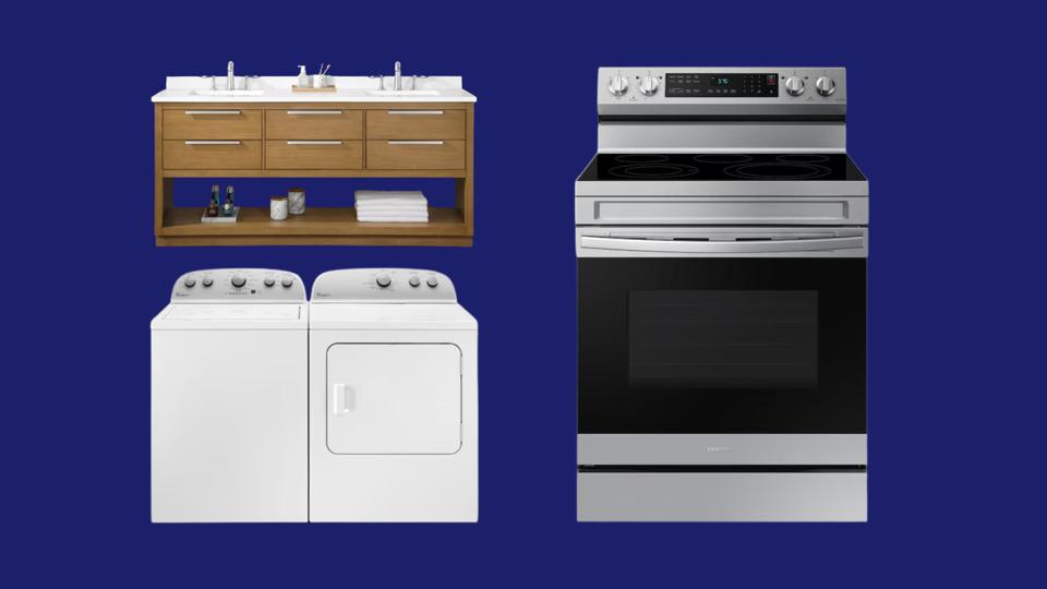 A wood vanity, a white Whirlpool washer and dryer, and a Samsung oven against a dark blue background.