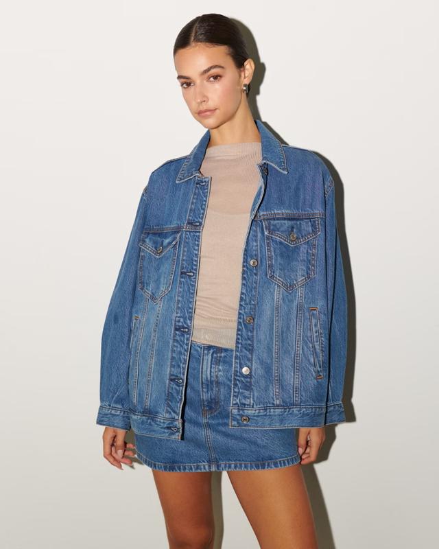 Abercrombie & Fitch Denim Trucker Jacket on a model wearing a denim skirt.