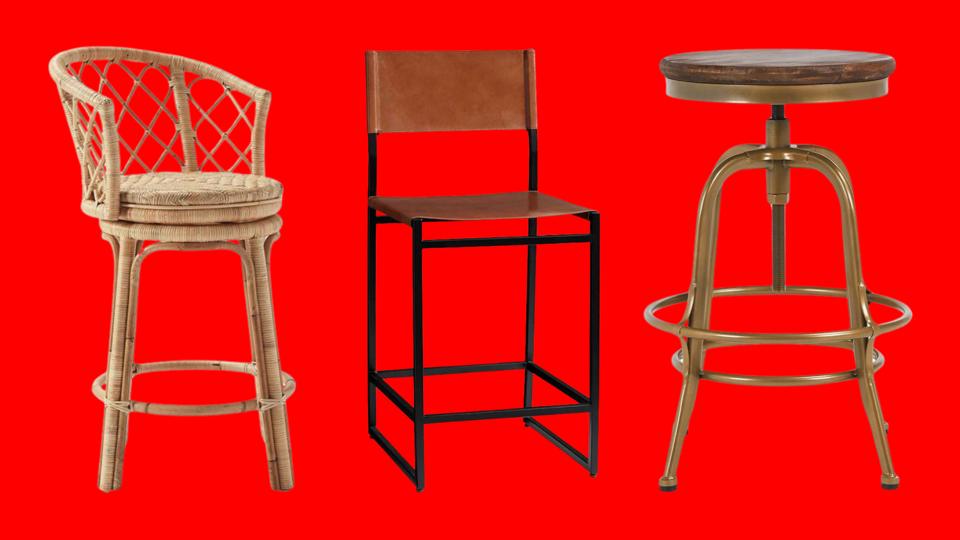 Three different style of bar stools featured against a red background. 