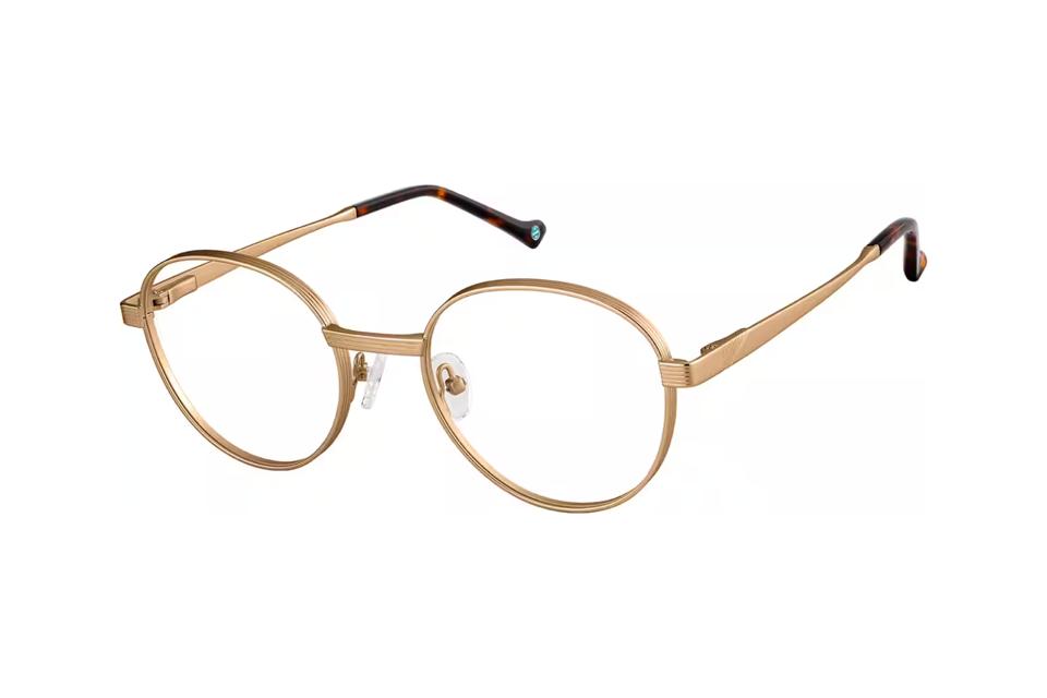 Round, gold frame glasses at an angle on a white background