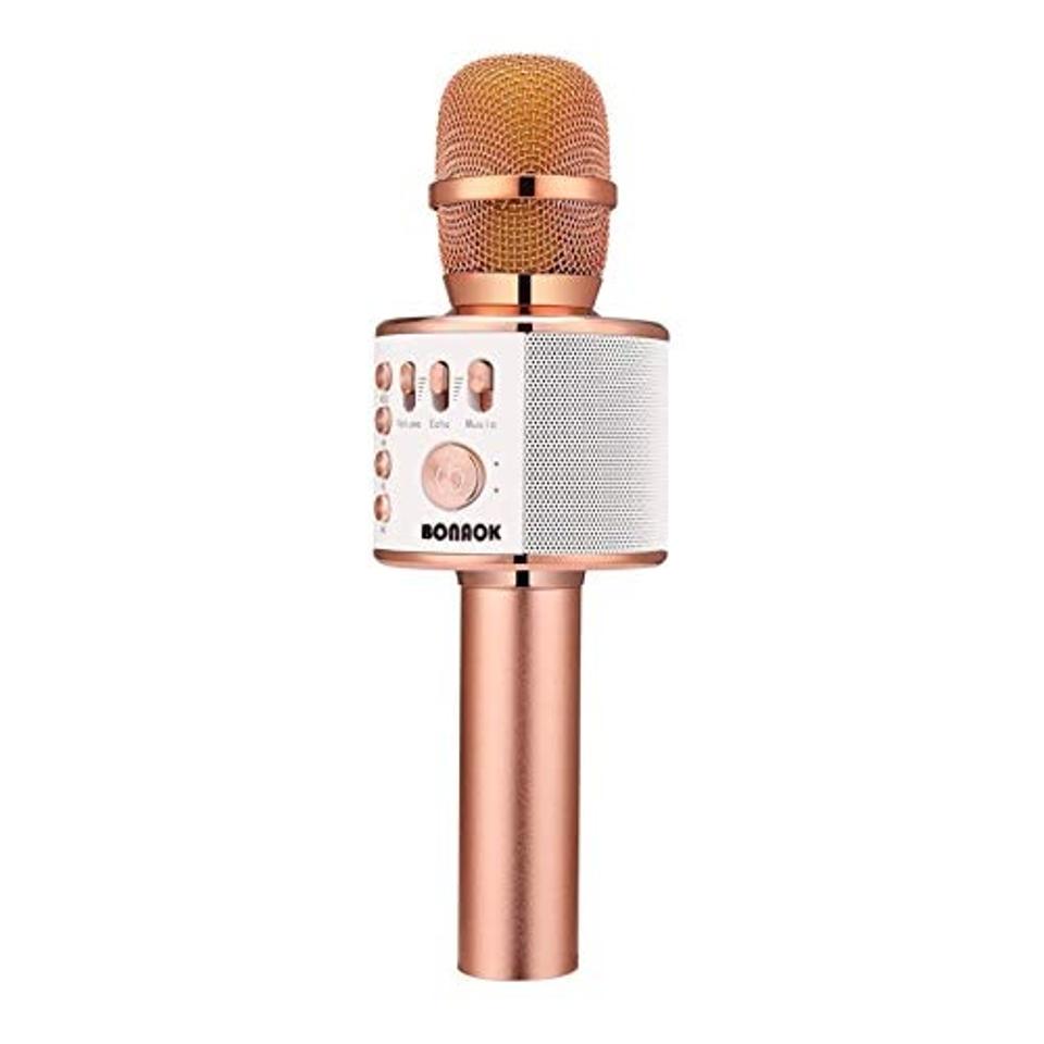 Bonaok Wireless Bluetooth Karaoke Microphone (Rose Gold) on a white background