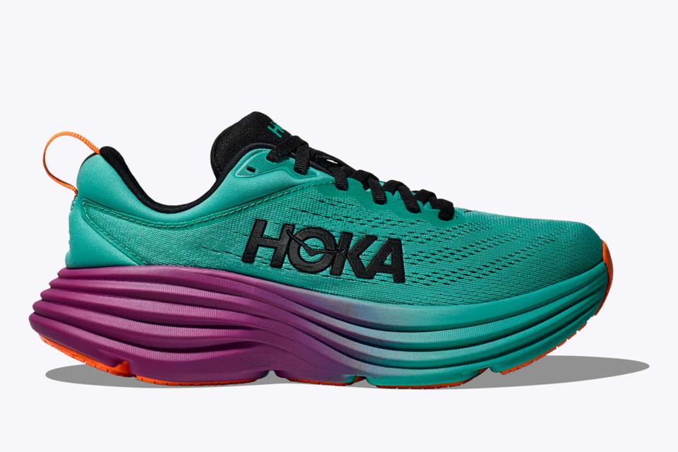 Hoka Bondi 8 in green and purple