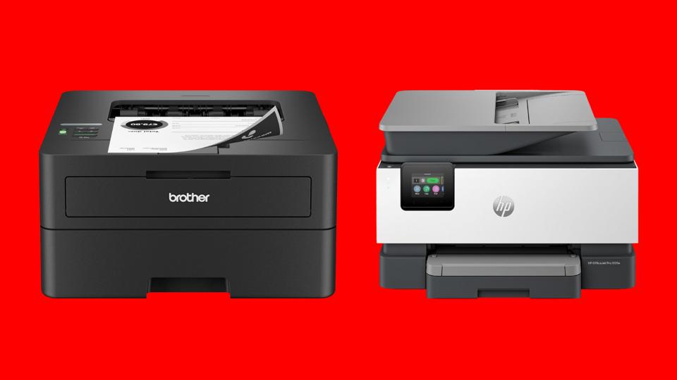 The Brother HL-L2460W printer and HP OfficeJet 9125e printer against a bright red background.