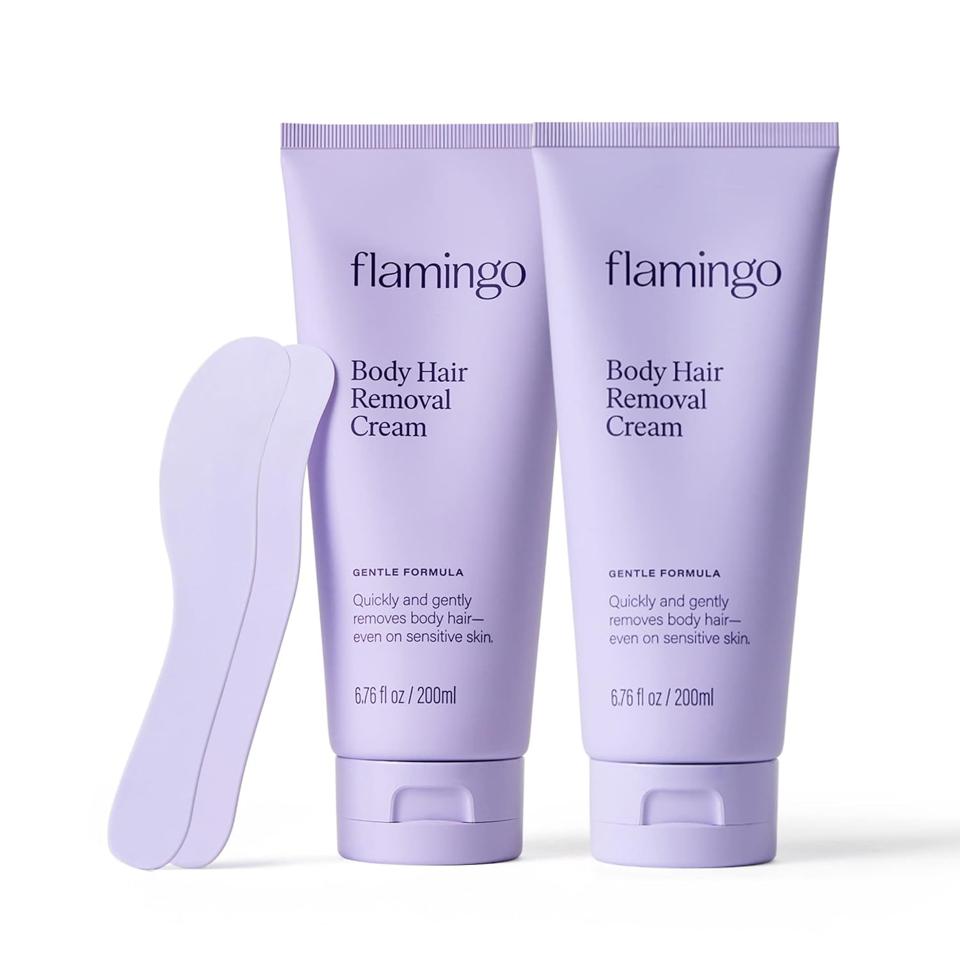 Two bottles of Flamingo Body Hair Removal Cream side by side on white background.