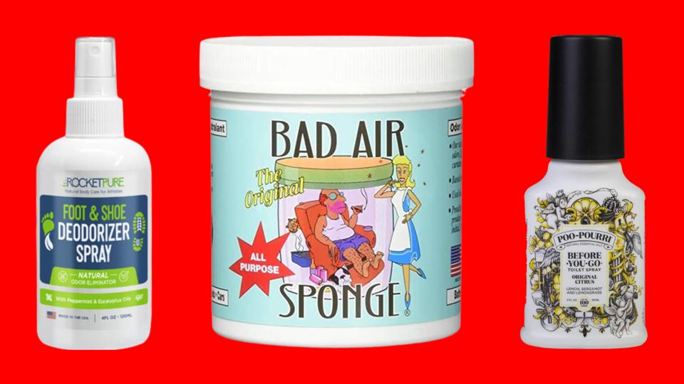 Three odor eliminators against red background