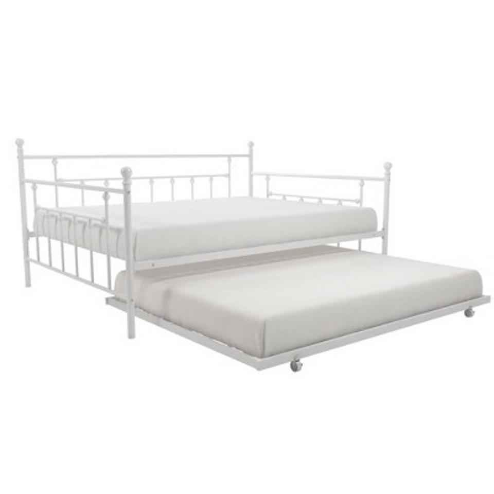 Room & Joy Milan Daybed and Full Trundle Set White open to see the lower bed.