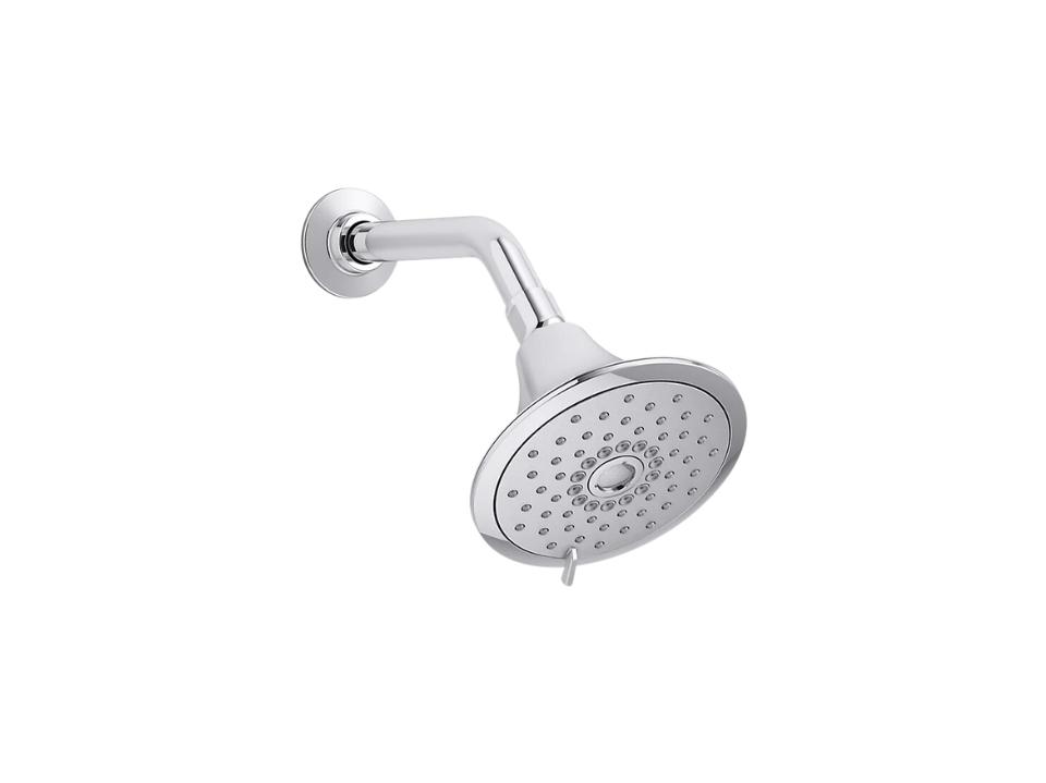 polished silver Kohler K-22169-G-CP Forte 1.75 GPM shower head on white background