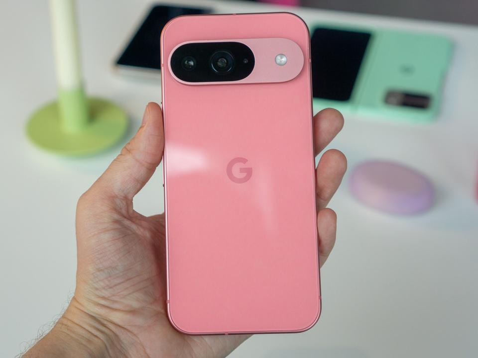 A close up of the back of a pink Google Pixel 9.