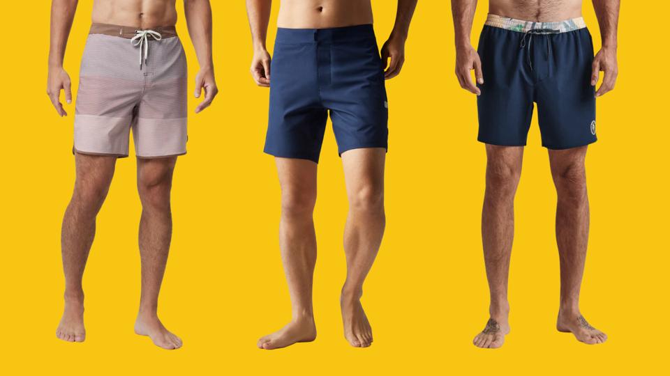 Three of the best boardshorts for men on a bright yellow background.