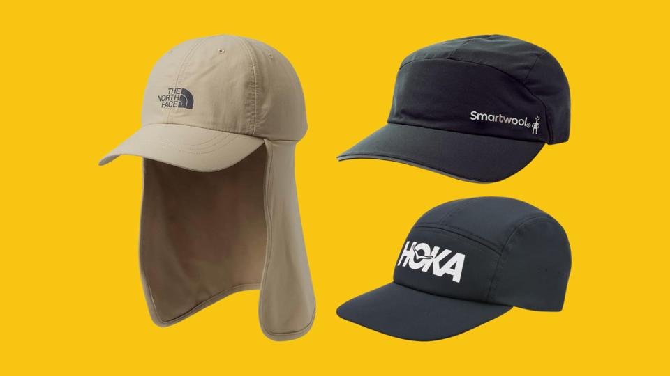 Three of the best running hats against a bright yellow background.