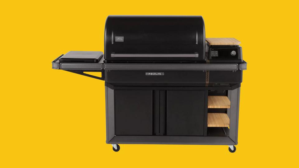 Traeger Timberline XL grill against a yellow background.