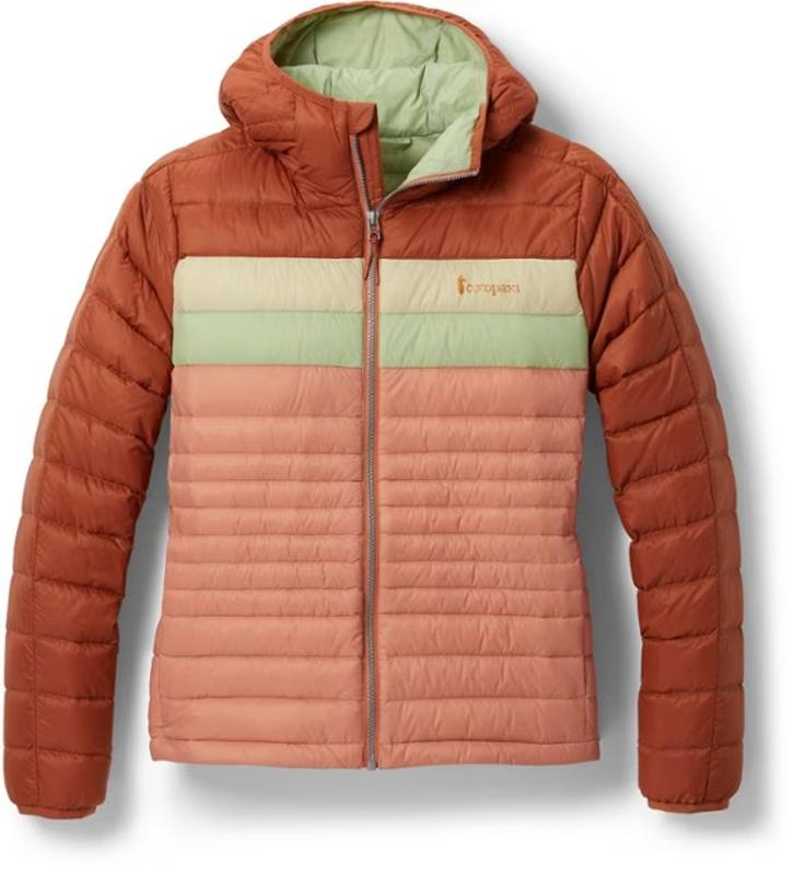 Women's Cotopaxi Fuego Hooded Down Jacket in the Faded Brick/Clay colorway.