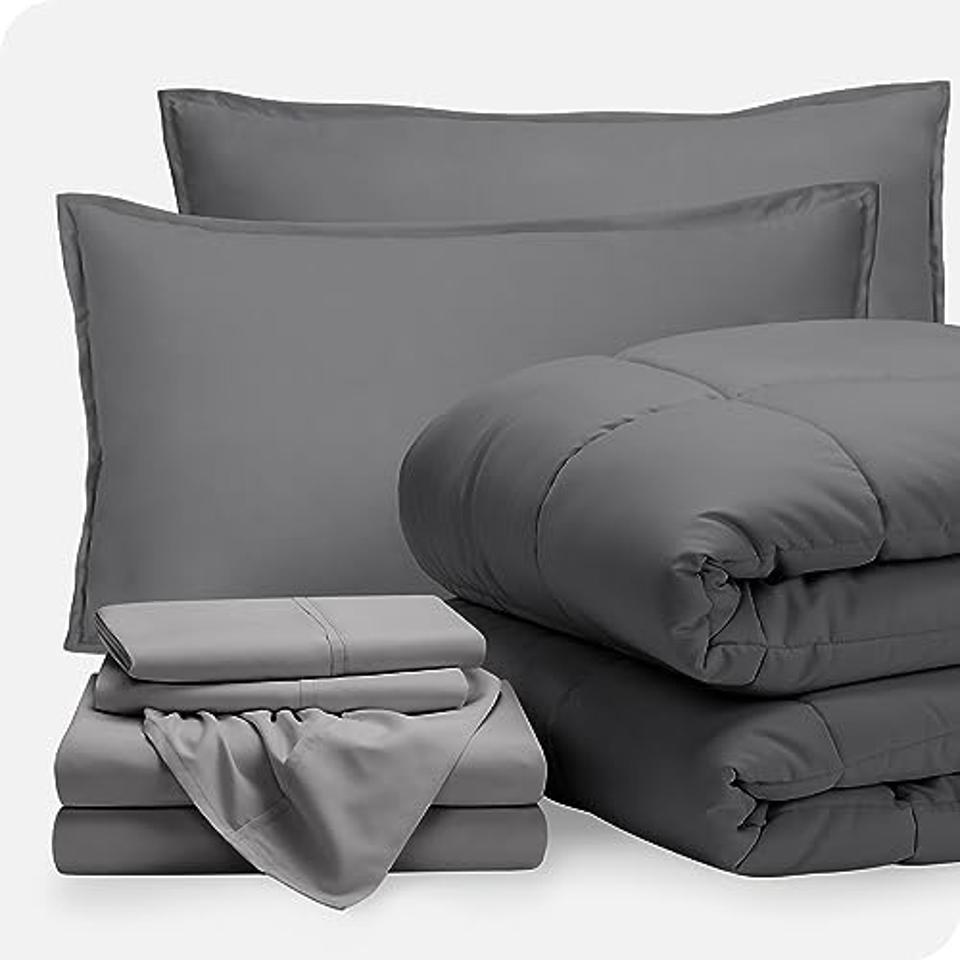 Bare Home Bed-in-A-Bag 7 Piece Comforter & Sheet Set in gray on white background.