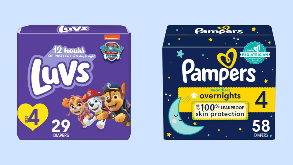 boxes of 2 of the best overnight diaper brands: Luvs and Pampers Swaddlers Overnights