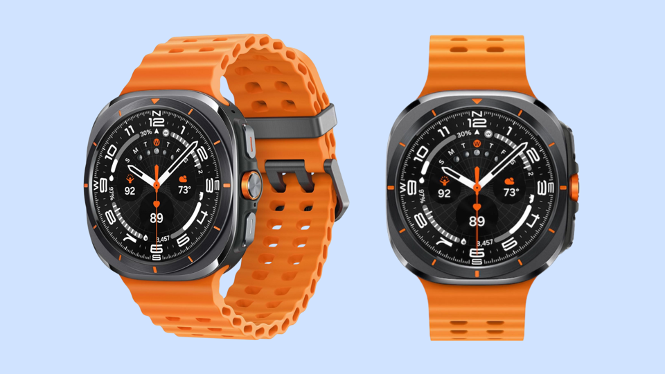 Samsung Galaxy Watch Ultras on a light blue background