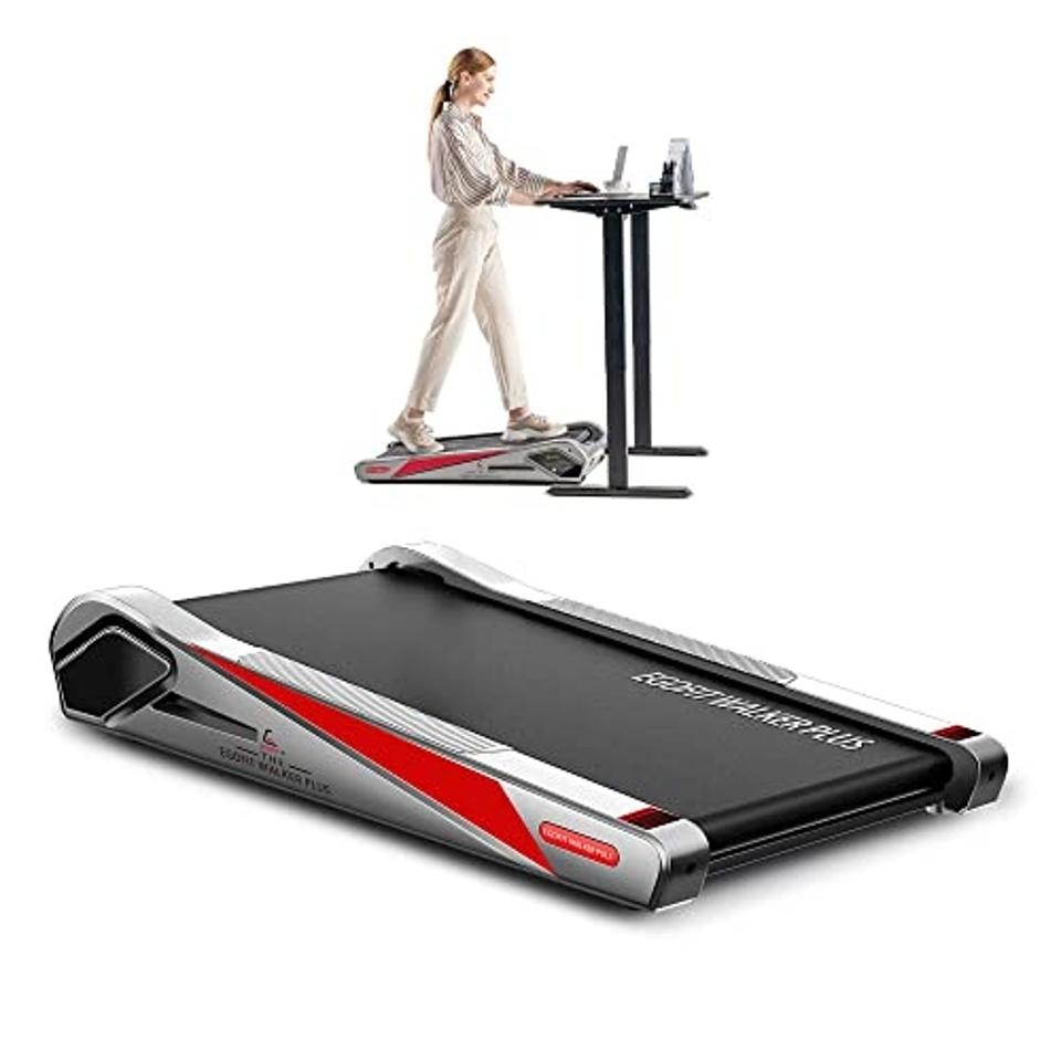 Egofit Walker Pro M1 Electric Walking Treadmill and woman walking on treadmill at a desk.