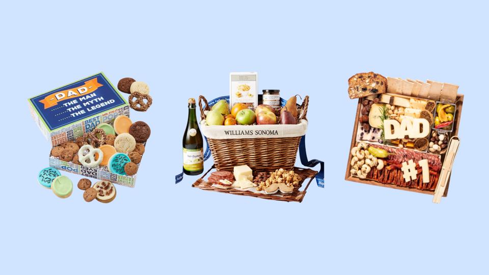 Cheryl's Cookies basket, Williams Sonoma basket, Boarderie basket on blue background