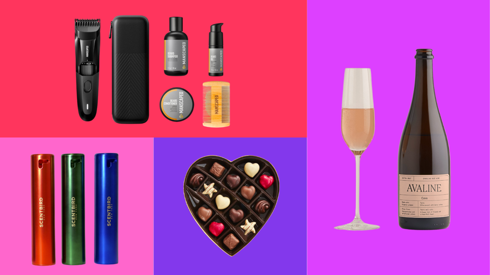 sparkling rose bottle glass chocolate heart box 3 small perfumes red green blue grooming kit multicolor background