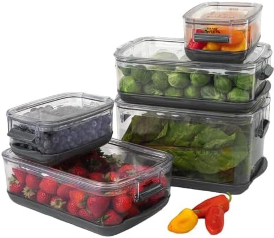 Progressive International Prepworks ProKeeper Food Fresh Produce Storage Container Set, 5- Piece, Clear Containers with Gray Sealed Tight Lids