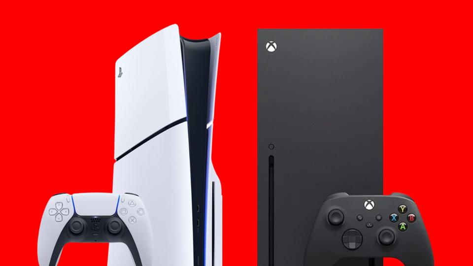 A PlayStation 5 and its controller and an Xbox Series X and its controller on a red background