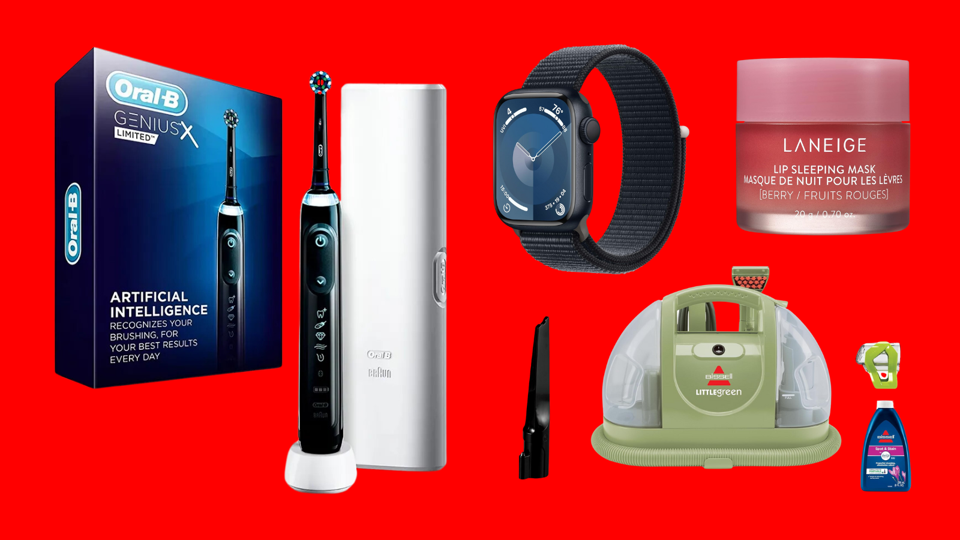 Sale items (Apple Watch, lip mask, electric toothbrush, steam cleaner) on red background