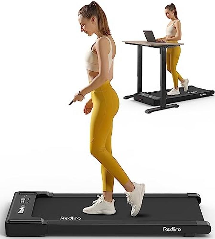 Woman walking on Redliro Treadmill: one pic with remote, one pic working at standing desk.