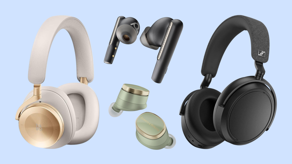 Four travel headphones/earbuds against light blue background