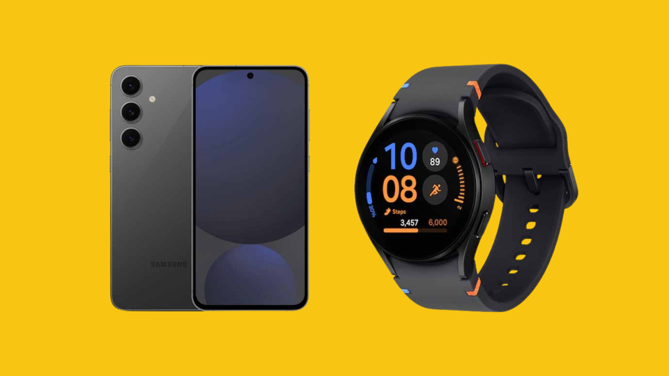 A phone and a watch in black on a yellow background