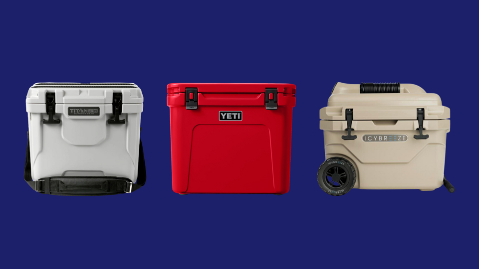 Three of the best beach coolers against a dark blue background.