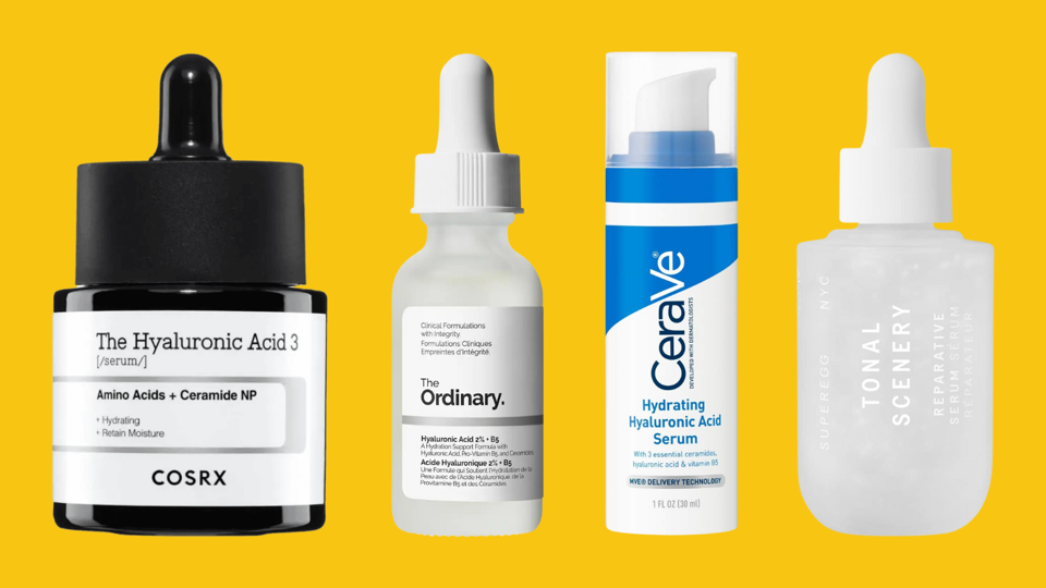 Four different hyaluronic acid serums on a yellow background.