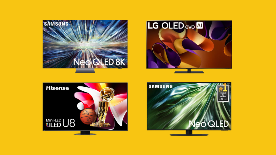 Four of the best 85-inch TVs against a yellow background.