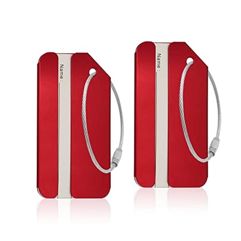 Ovener 2 Pack Red Aluminum Luggage Tag on a white background.