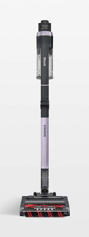 dark gray light purple shark stratos cordless stick vacuum standing upright against white background