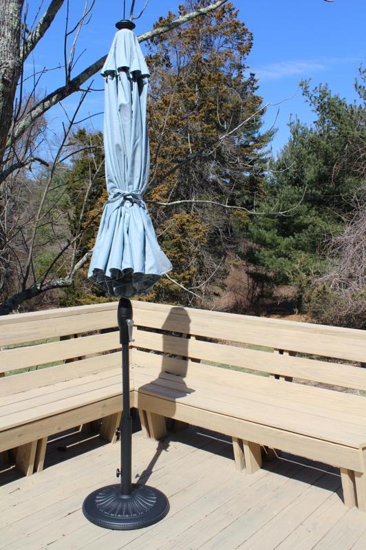 Frontgate umbrella on a deck