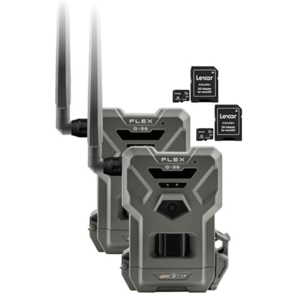 Grey and black SPYPOINT Flex G-36 Cellular Trail Camera and two micro-USB cards on a white background