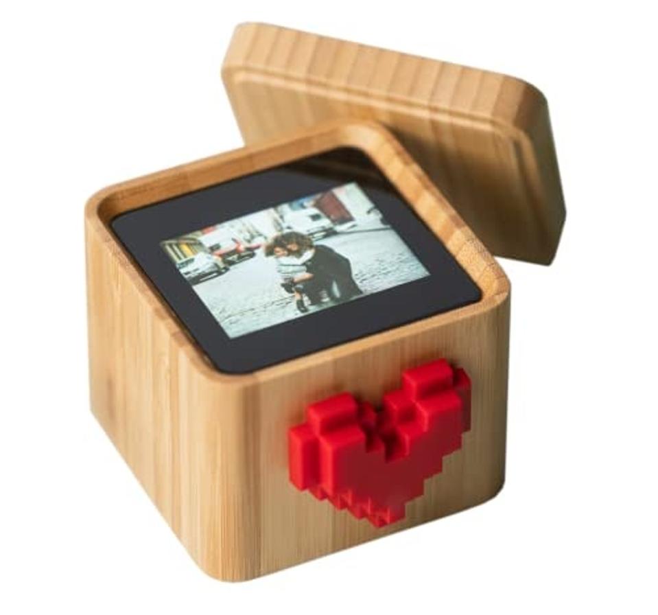 Lovebox digital photo box wooden outside with red heart lid off on white background